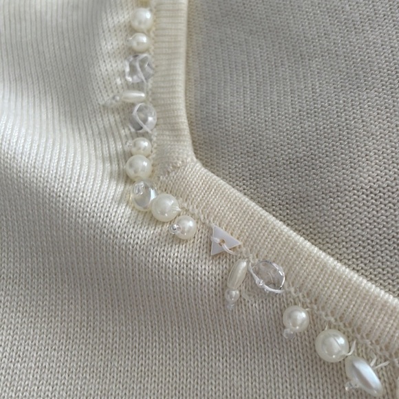 RQT brown beige white shirt sleeve v neck beaded bedazzled blouse top shirts M - Picture 3 of 16